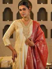 Cream Embroidered Straight Kurta Trousers With Dupatta set