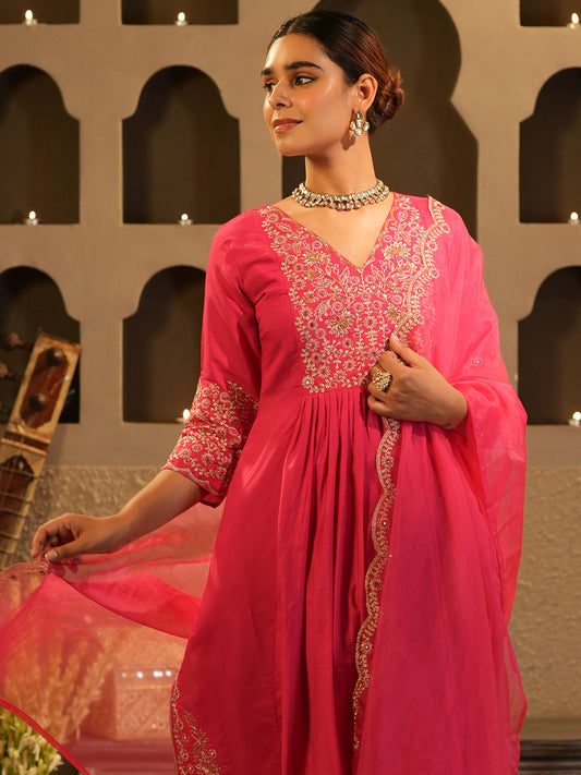 Pink Embroidered Straight Kurta Trousers With Dupatta Set