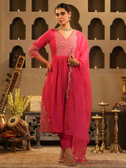 Pink Embroidered Straight Kurta Trousers With Dupatta Set