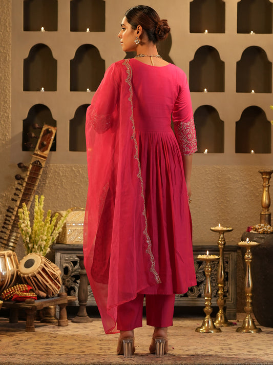 Pink Embroidered Straight Kurta Trousers With Dupatta Set