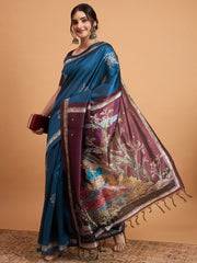 Women's Cotton Blend Teal blue Printed Designer Saree With Blouse Piece