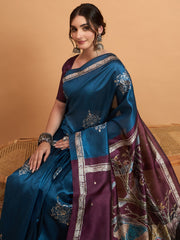 Women's Cotton Blend Teal blue Printed Designer Saree With Blouse Piece