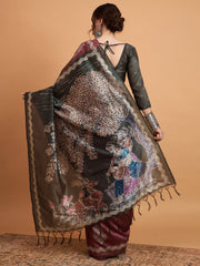 Women's Cotton Blend Brown Printed Designer Saree With Blouse Piece
