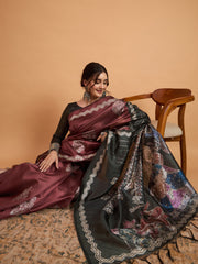 Women's Cotton Blend Brown Printed Designer Saree With Blouse Piece