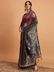 Women's Cotton Blend Brown Printed Designer Saree With Blouse Piece