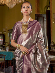 ساري كانجيفارام حريري أرجواني بتصميم منسوج للنساء مع قطعة بلوزة