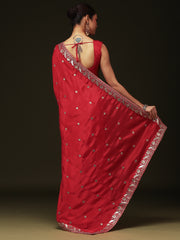 Women's chinnon Red Embellished Designer Saree With Blouse Piece