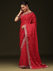 Women's chinnon Red Embellished Designer Saree With Blouse Piece