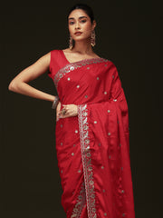 Women's chinnon Red Embellished Designer Saree With Blouse Piece