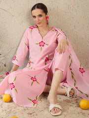 Pink Printed Straight Kurta Trousers With Dupatta Set