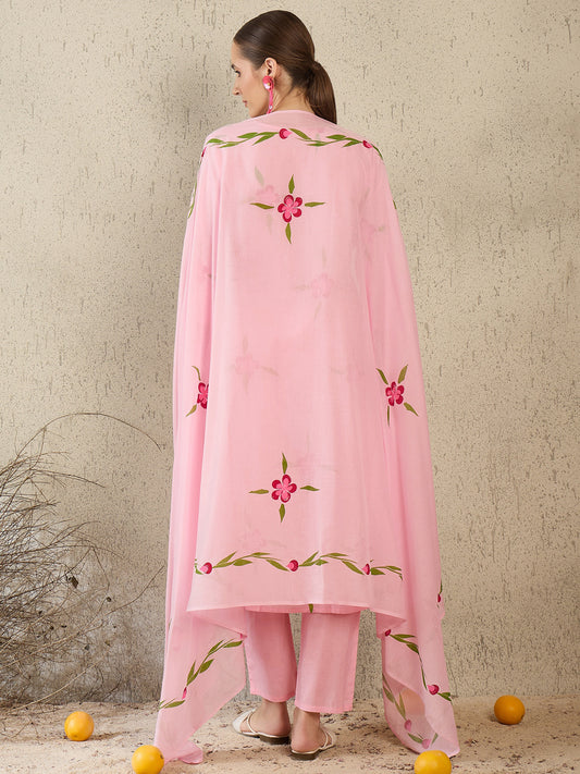 Pink Printed Straight Kurta Trousers With Dupatta Set