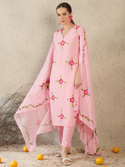 Pink Printed Straight Kurta Trousers With Dupatta Set