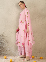 Pink Printed Straight Kurta Trousers With Dupatta Set