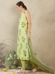 Green Printed Straight Kurta Trousers With Dupatta Set