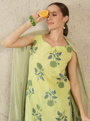 Green Printed Straight Kurta Trousers With Dupatta Set