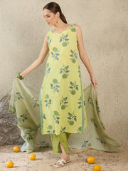 Green Printed Straight Kurta Trousers With Dupatta Set