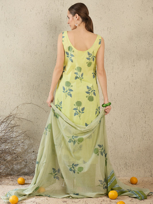 Green Printed Straight Kurta Trousers With Dupatta Set