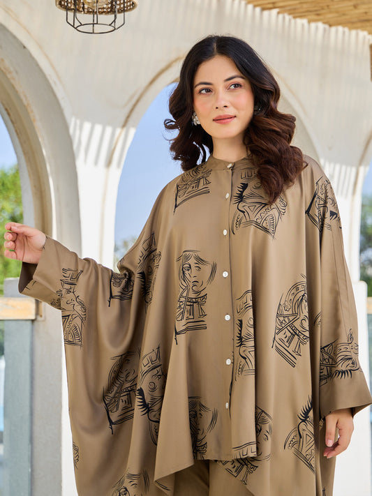 Indo Era Grey Printed Kaftan Kurta Trousers Set