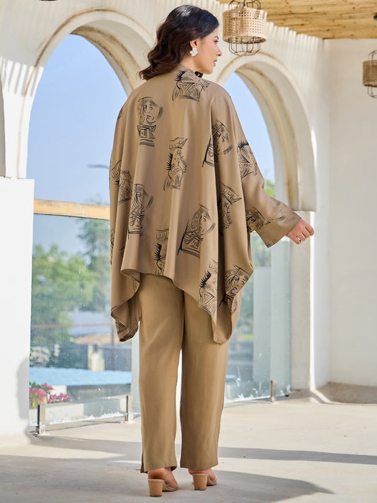 Indo Era Grey Printed Kaftan Kurta Trousers Set