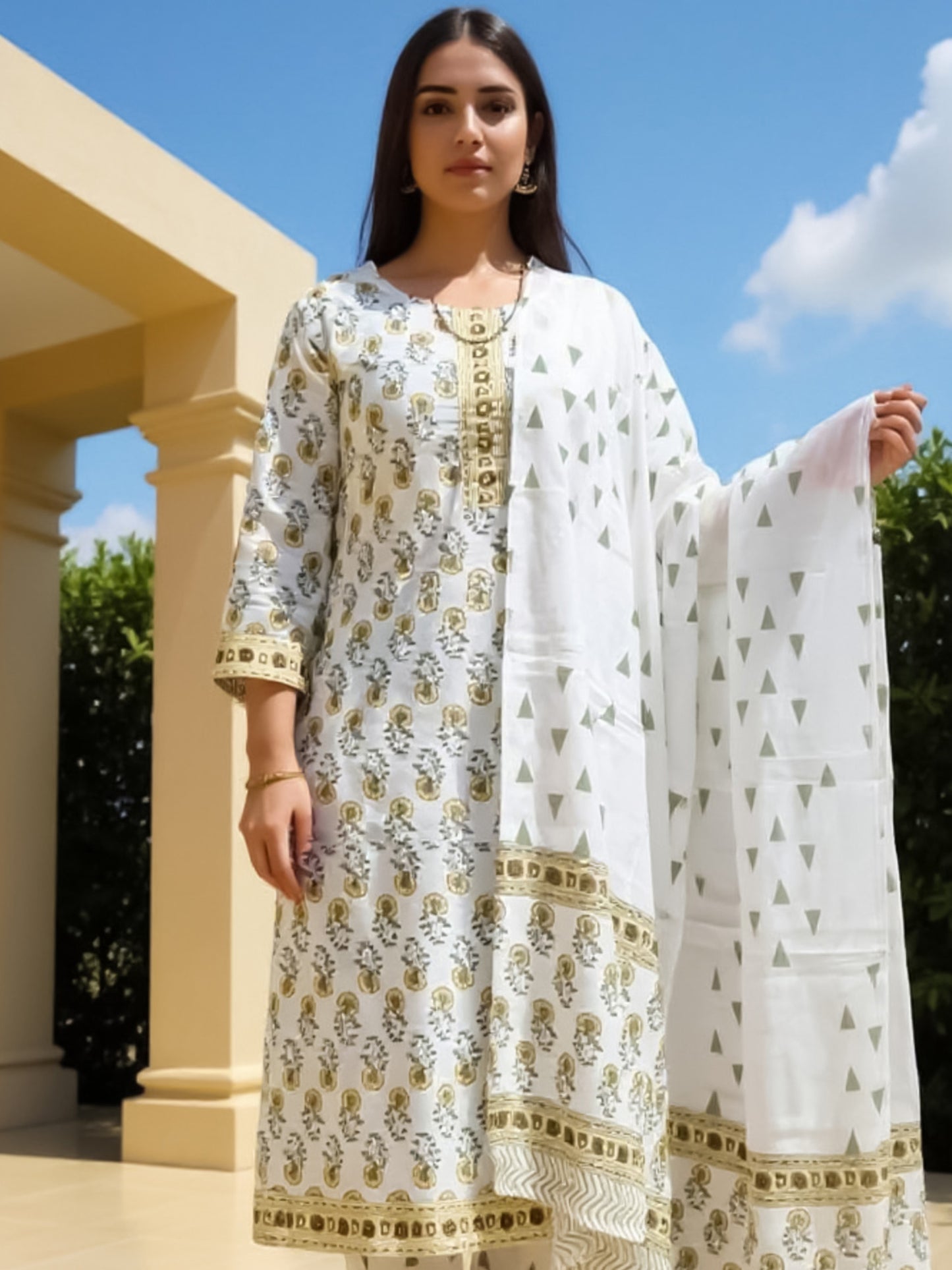 White Printed Straight Kurta Trousers With Dupatta Set