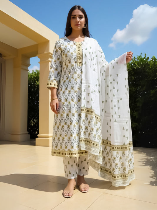White Printed Straight Kurta Trousers With Dupatta Set