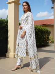 White Printed Straight Kurta Trousers With Dupatta Set