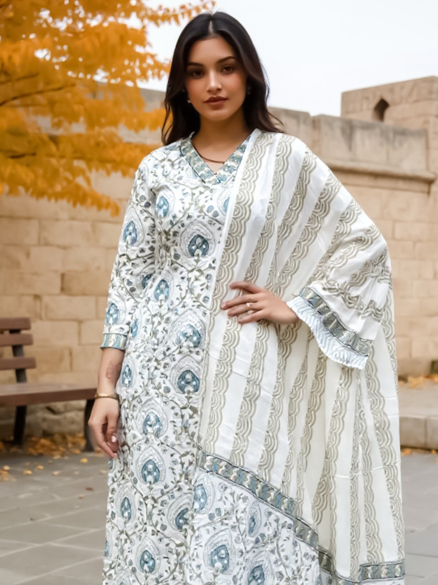 White Printed Straight Kurta Trousers With Dupatta Set