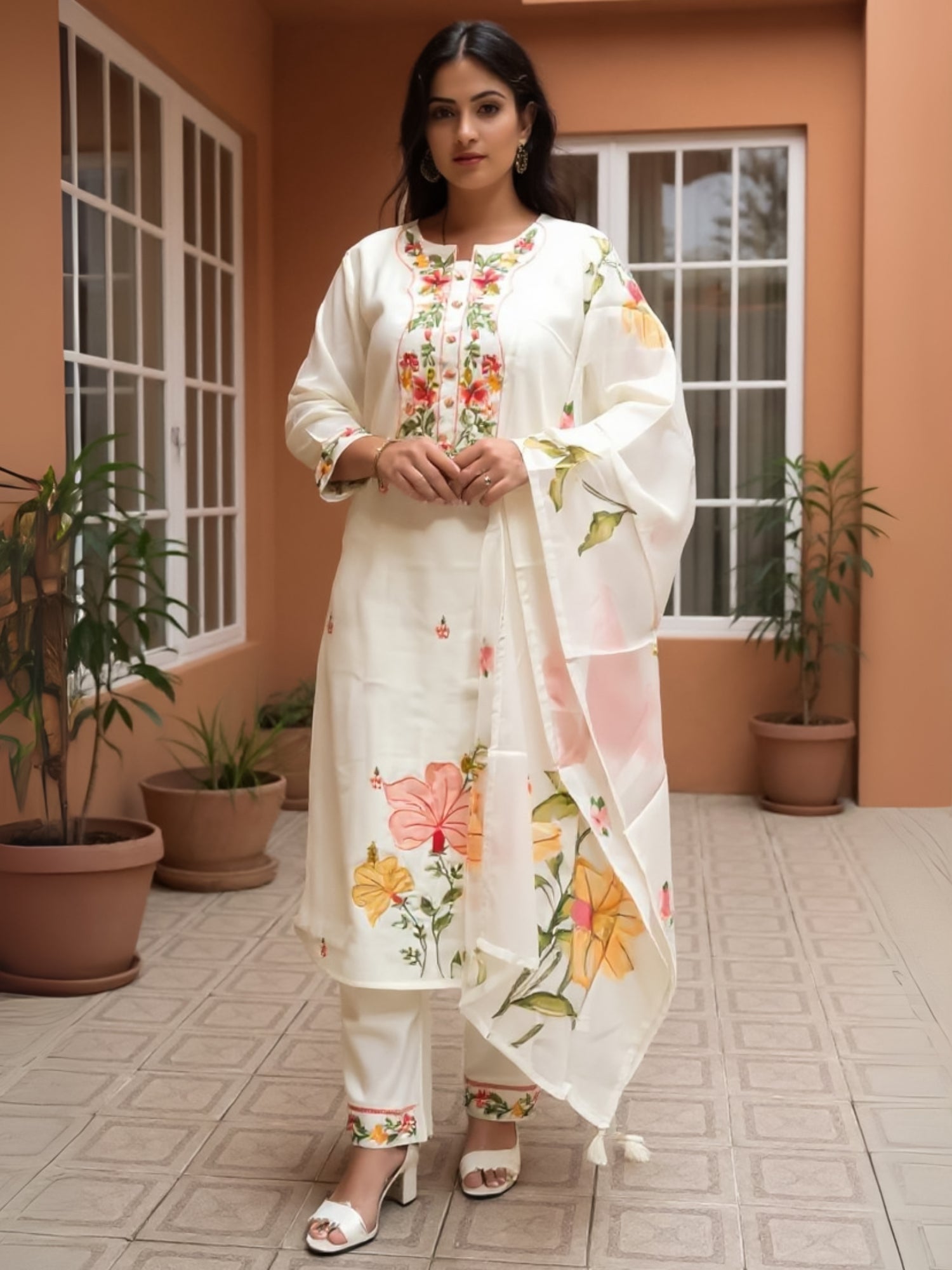 Off White Embroidered Straight Kurta Trousers With Dupatta Set