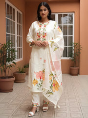 Off White Embroidered Straight Kurta Trousers With Dupatta Set