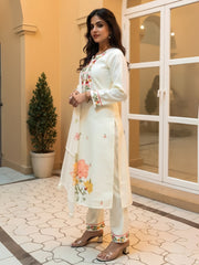 Off White Embroidered Straight Kurta Trousers With Dupatta Set