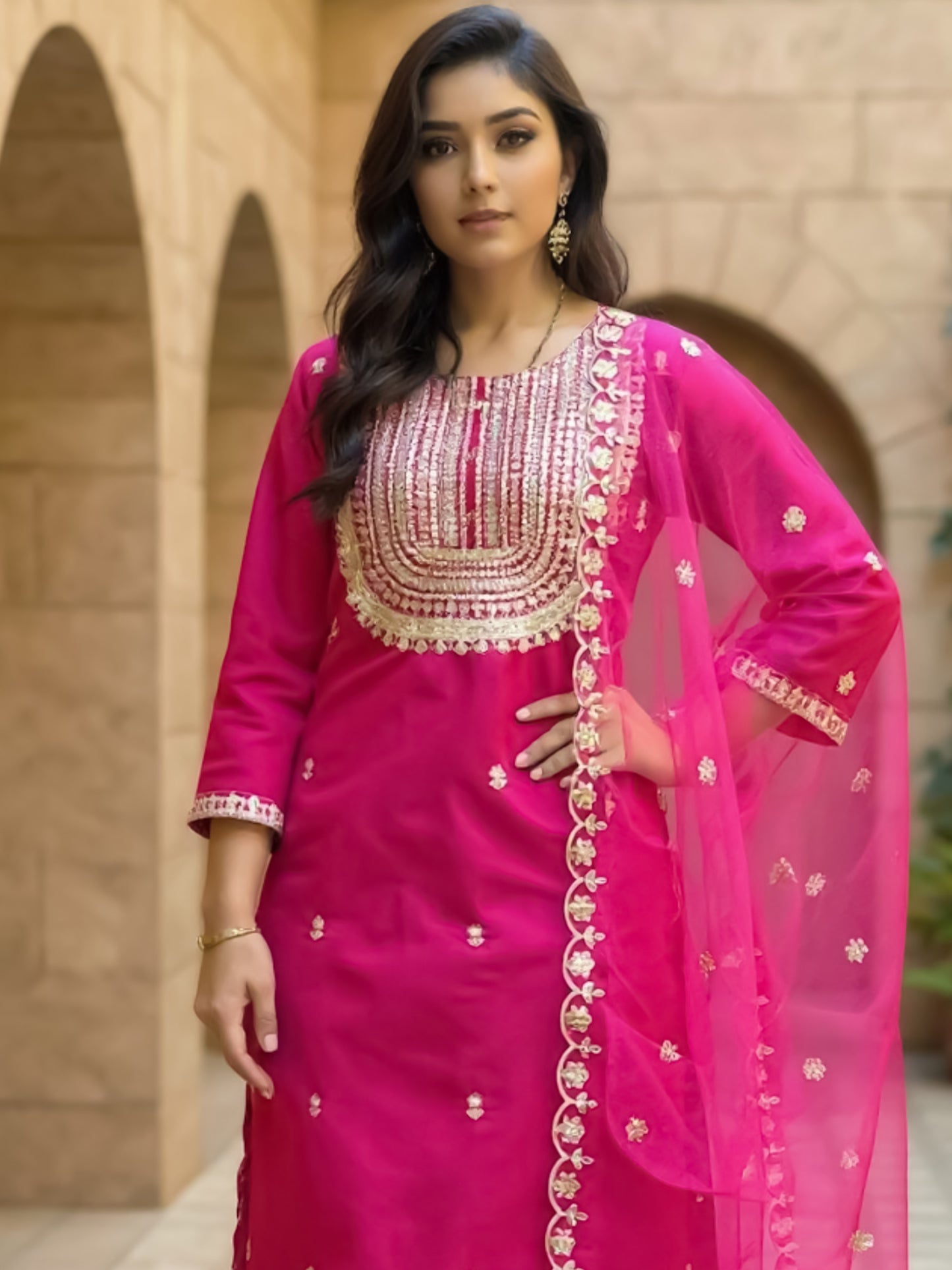 Pink Embroidered Straight Kurta Trousers With Dupatta Set