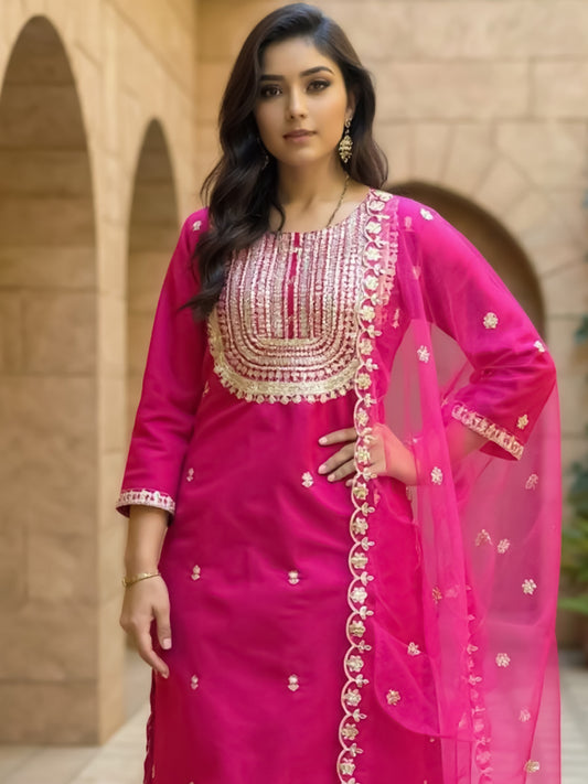 Pink Embroidered Straight Kurta Trousers With Dupatta Set