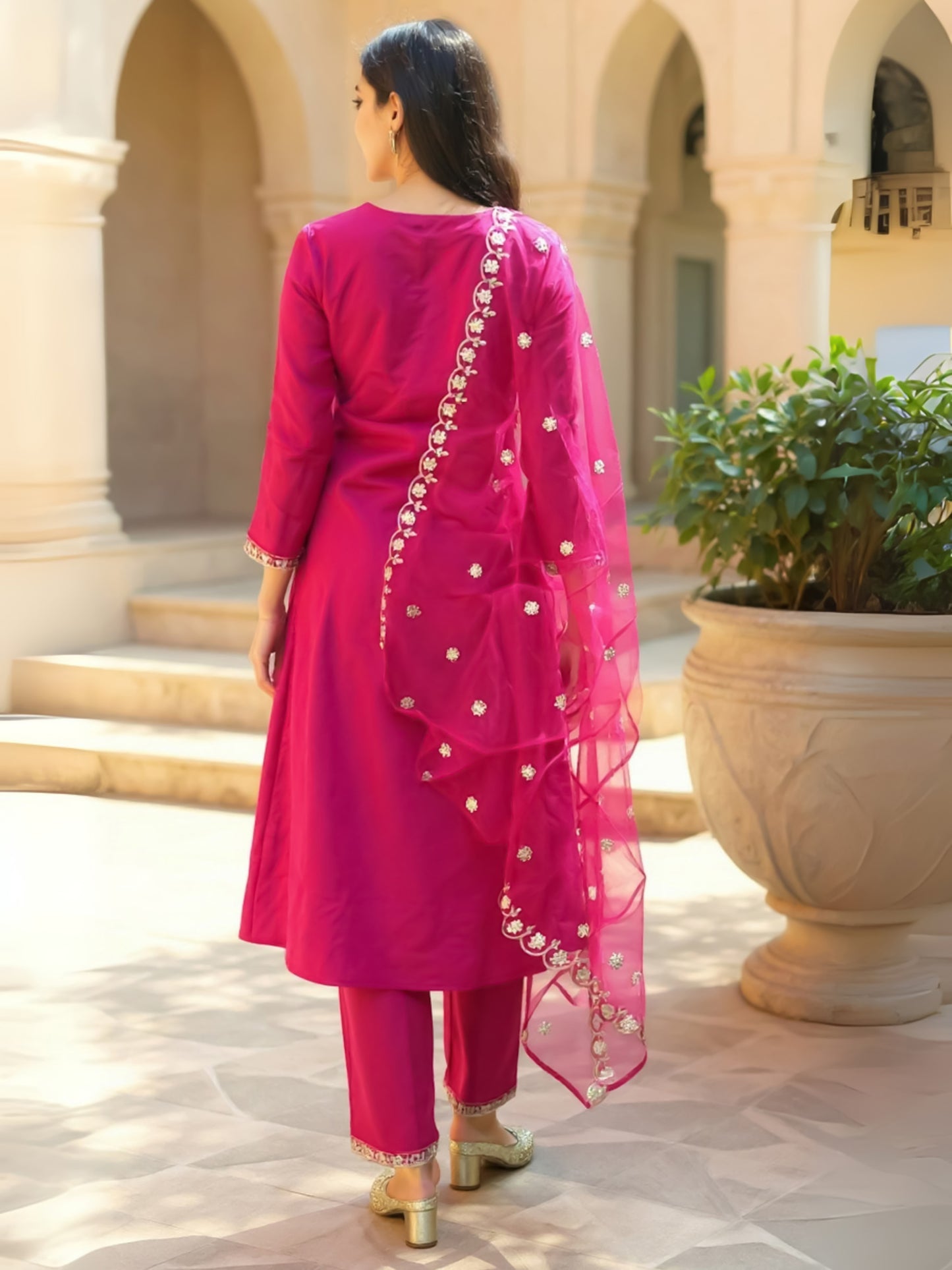 Pink Embroidered Straight Kurta Trousers With Dupatta Set
