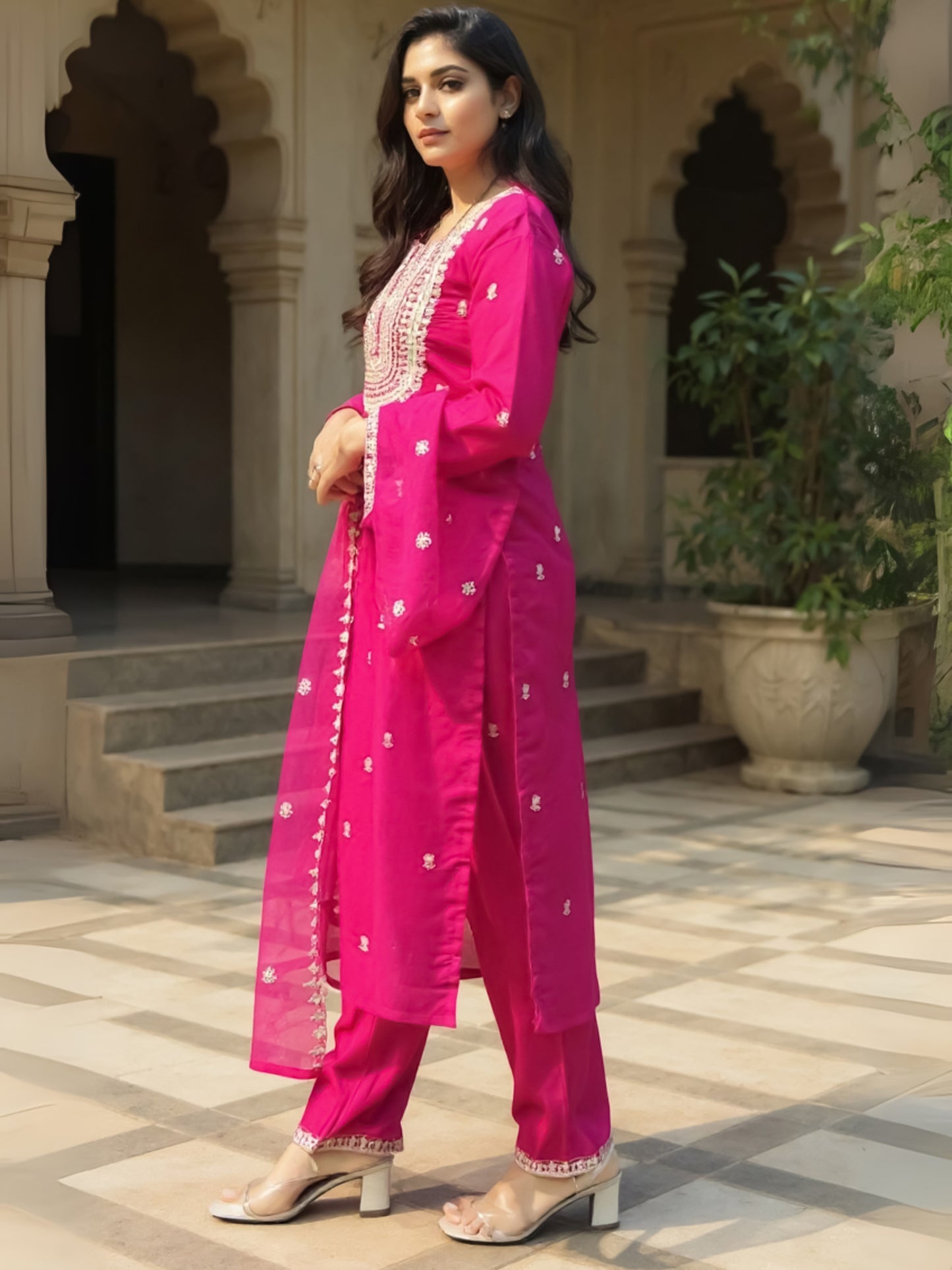 Pink Embroidered Straight Kurta Trousers With Dupatta Set
