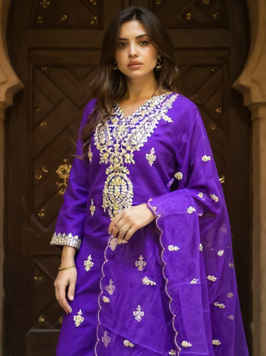 Purple Embroidered Straight Kurta Trousers With Dupatta Set