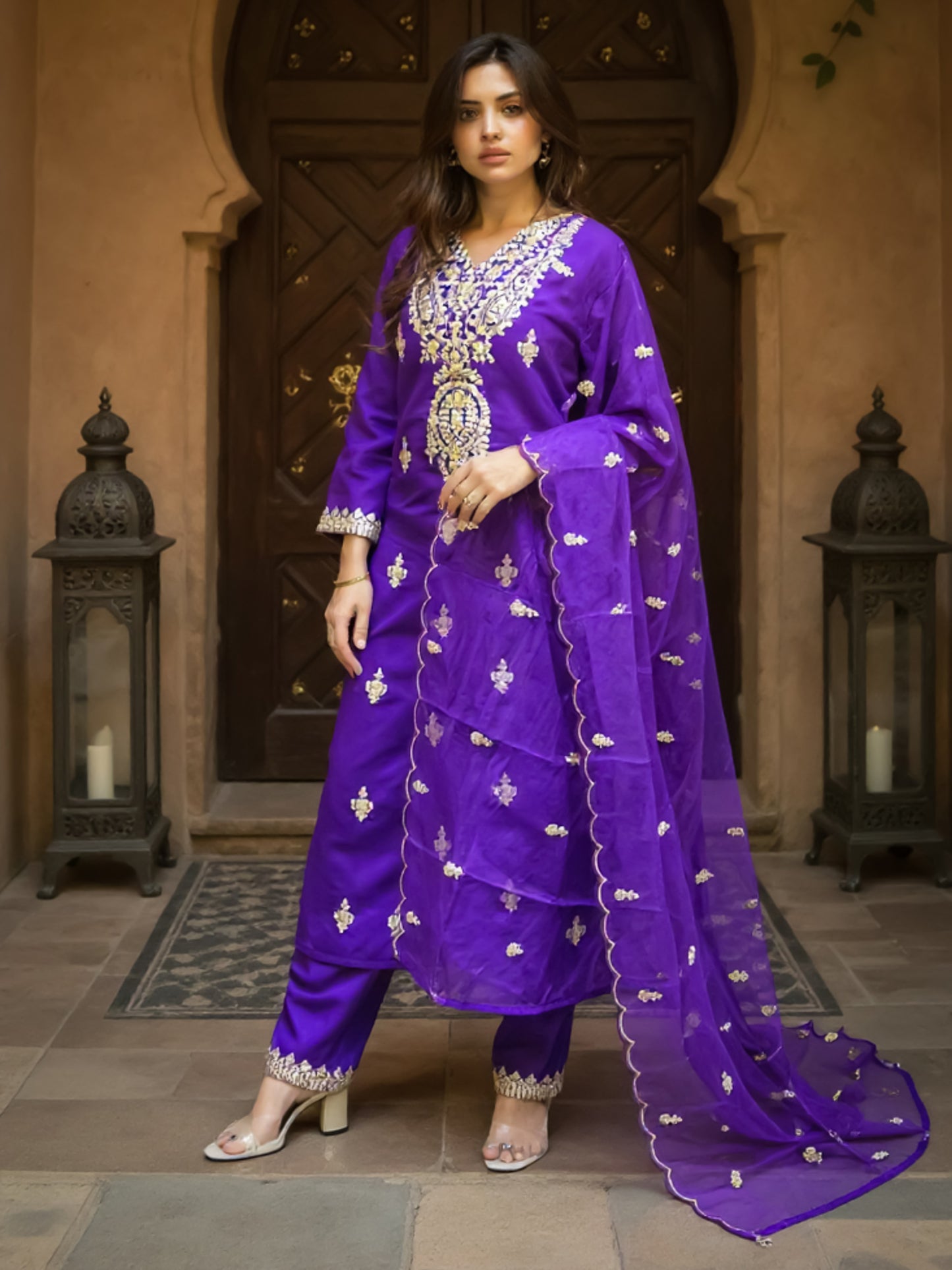 Purple Embroidered Straight Kurta Trousers With Dupatta Set