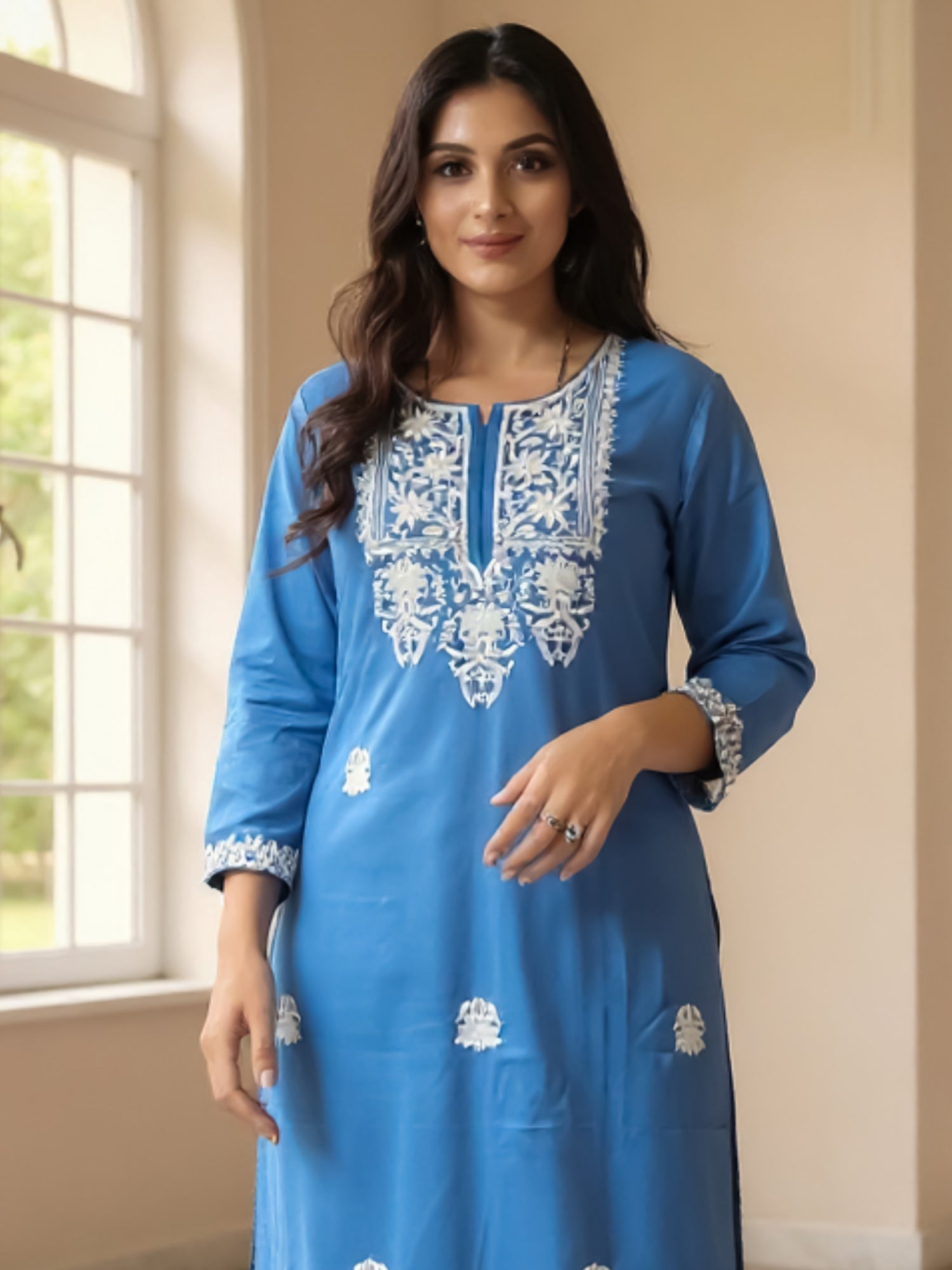 Blue Embroidered Straight Kurta Trousers  Set