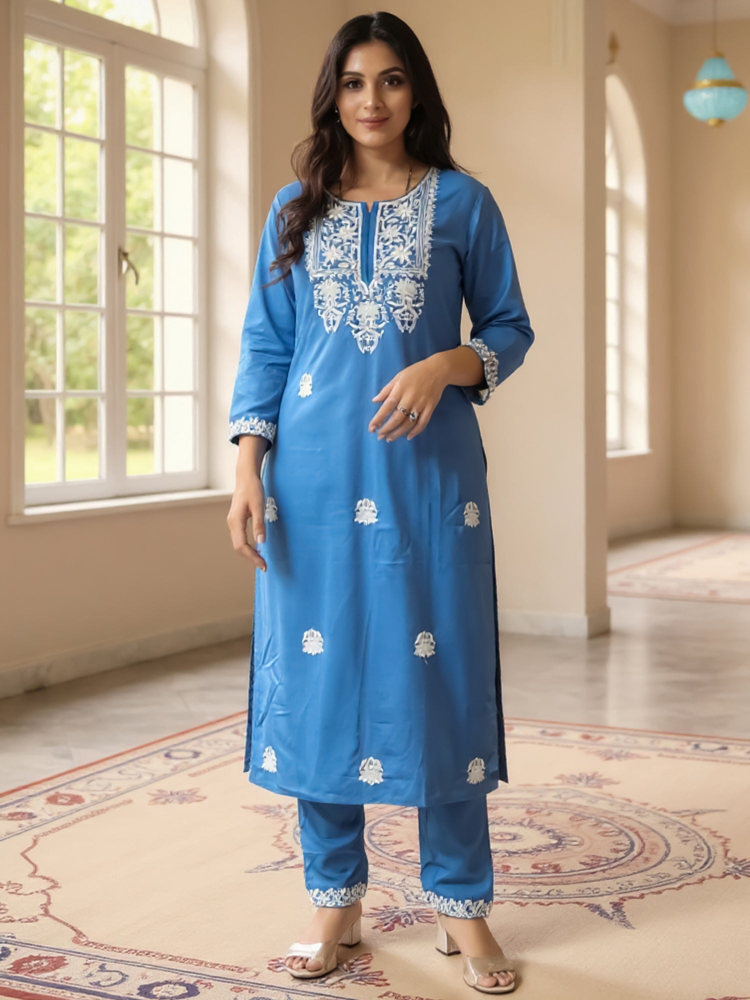 Blue Embroidered Straight Kurta Trousers  Set