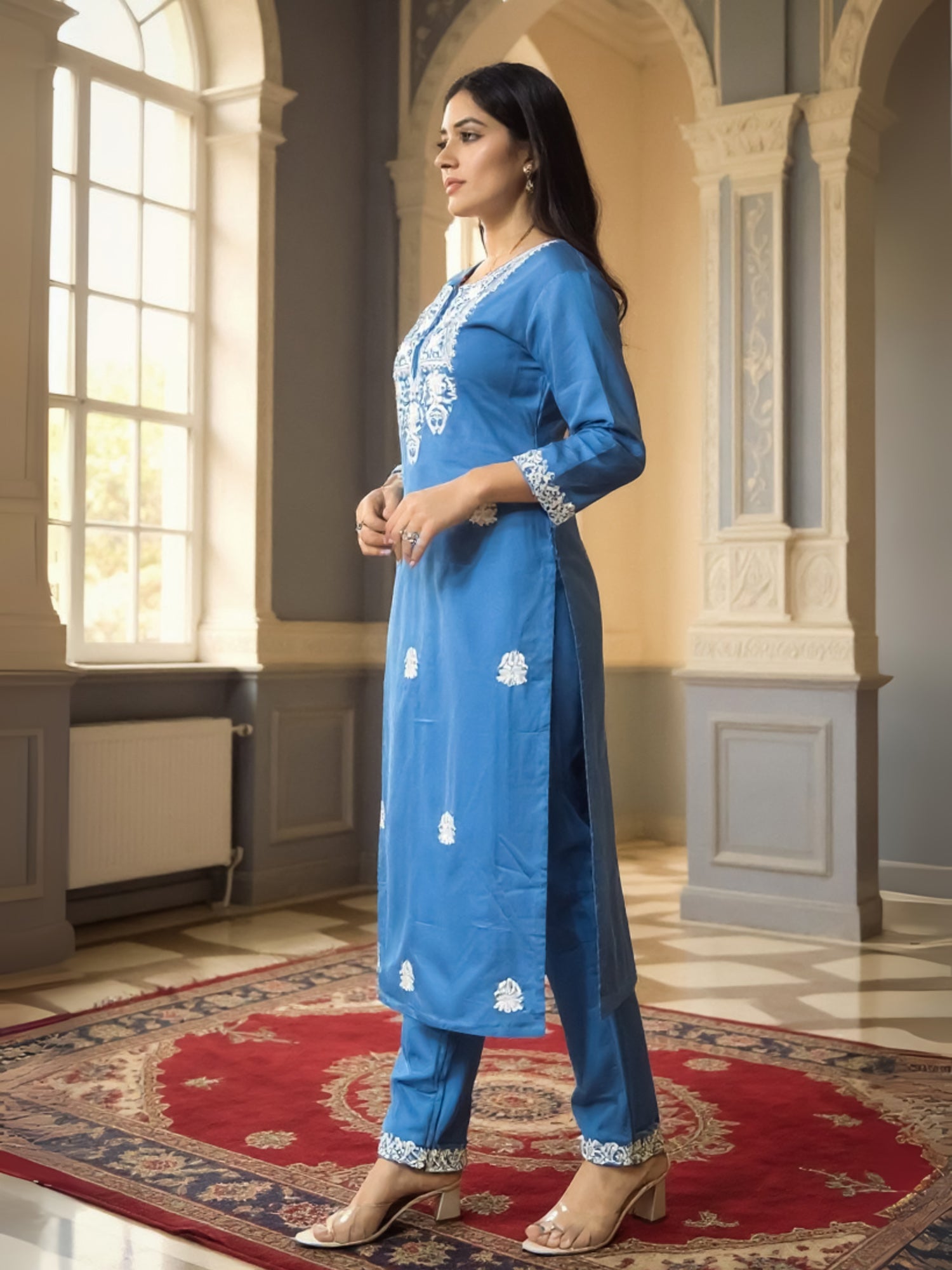 Blue Embroidered Straight Kurta Trousers  Set
