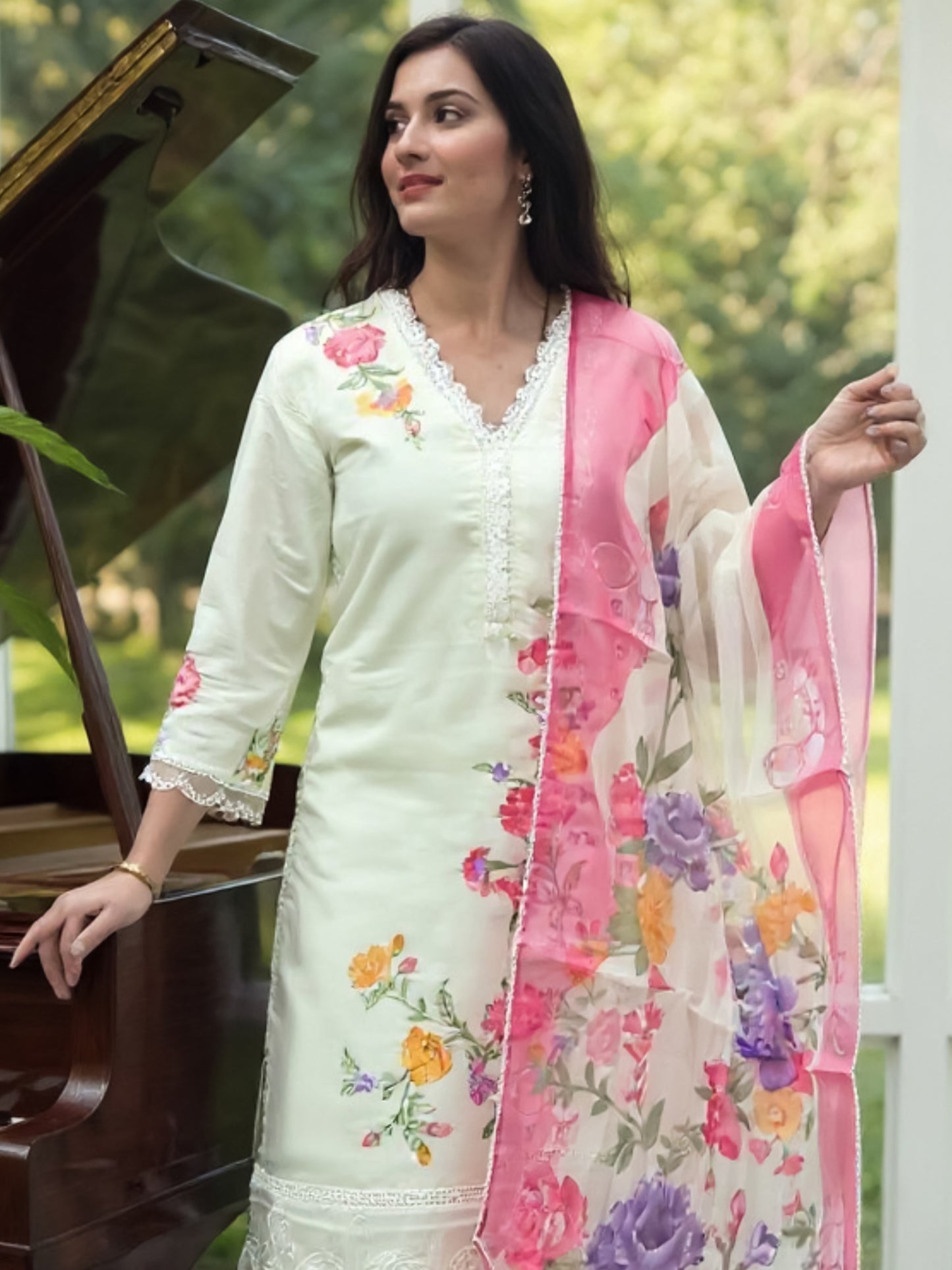 Off White Embroidered Straight Kurta Trousers With Dupatta Set