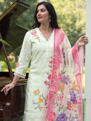 Off White Embroidered Straight Kurta Trousers With Dupatta Set