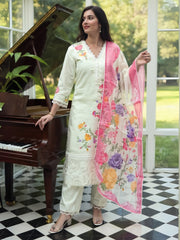 Off White Embroidered Straight Kurta Trousers With Dupatta Set
