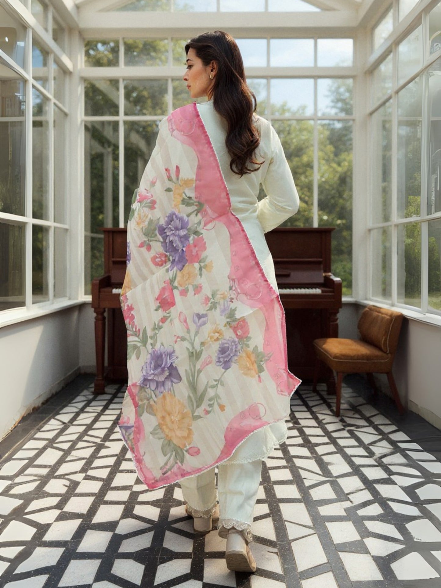Off White Embroidered Straight Kurta Trousers With Dupatta Set