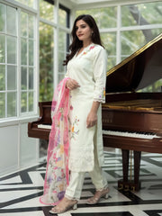Off White Embroidered Straight Kurta Trousers With Dupatta Set