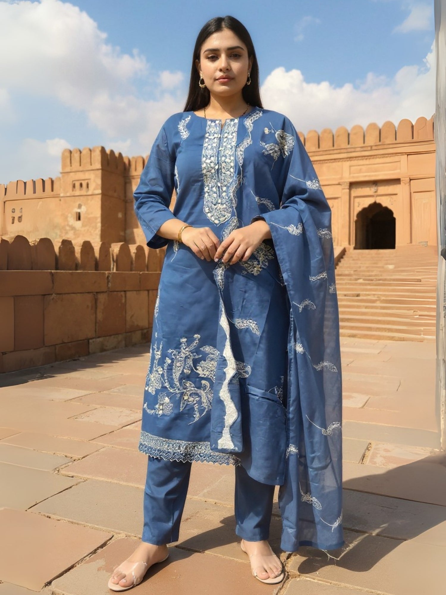 Blue Embroidered Straight Kurta Trousers With Dupatta Set