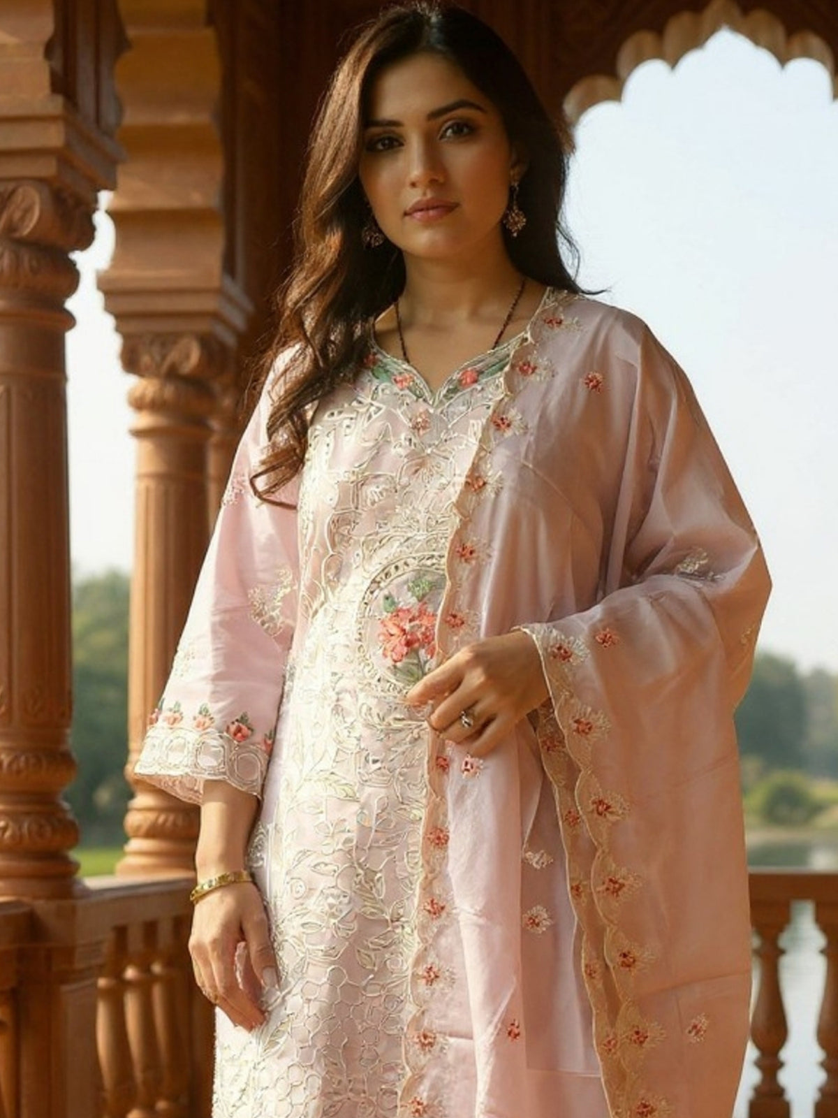 Lavender Embroidered Straight Kurta Trousers With Dupatta Set