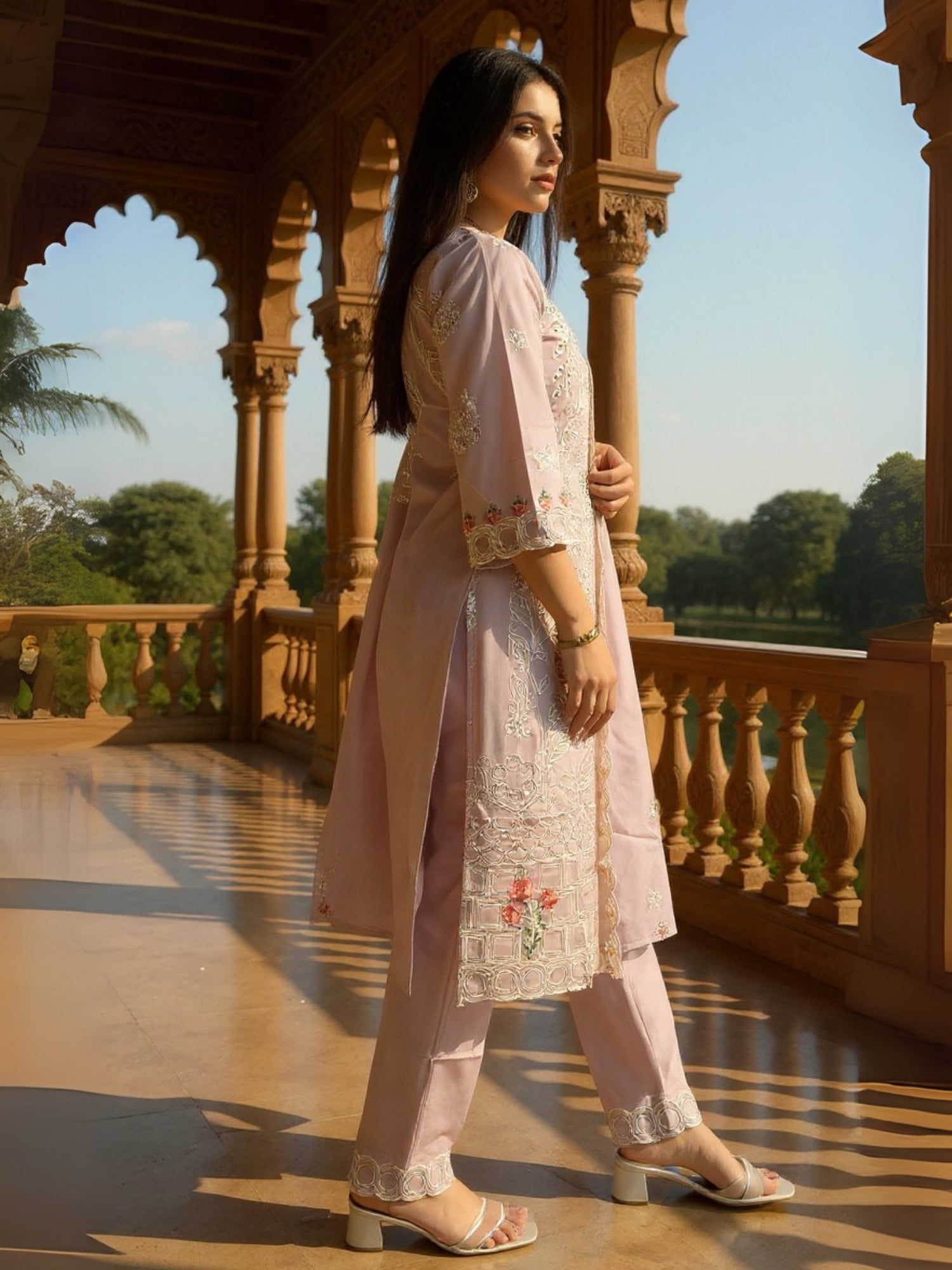 Lavender Embroidered Straight Kurta Trousers With Dupatta Set