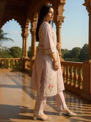 Lavender Embroidered Straight Kurta Trousers With Dupatta Set