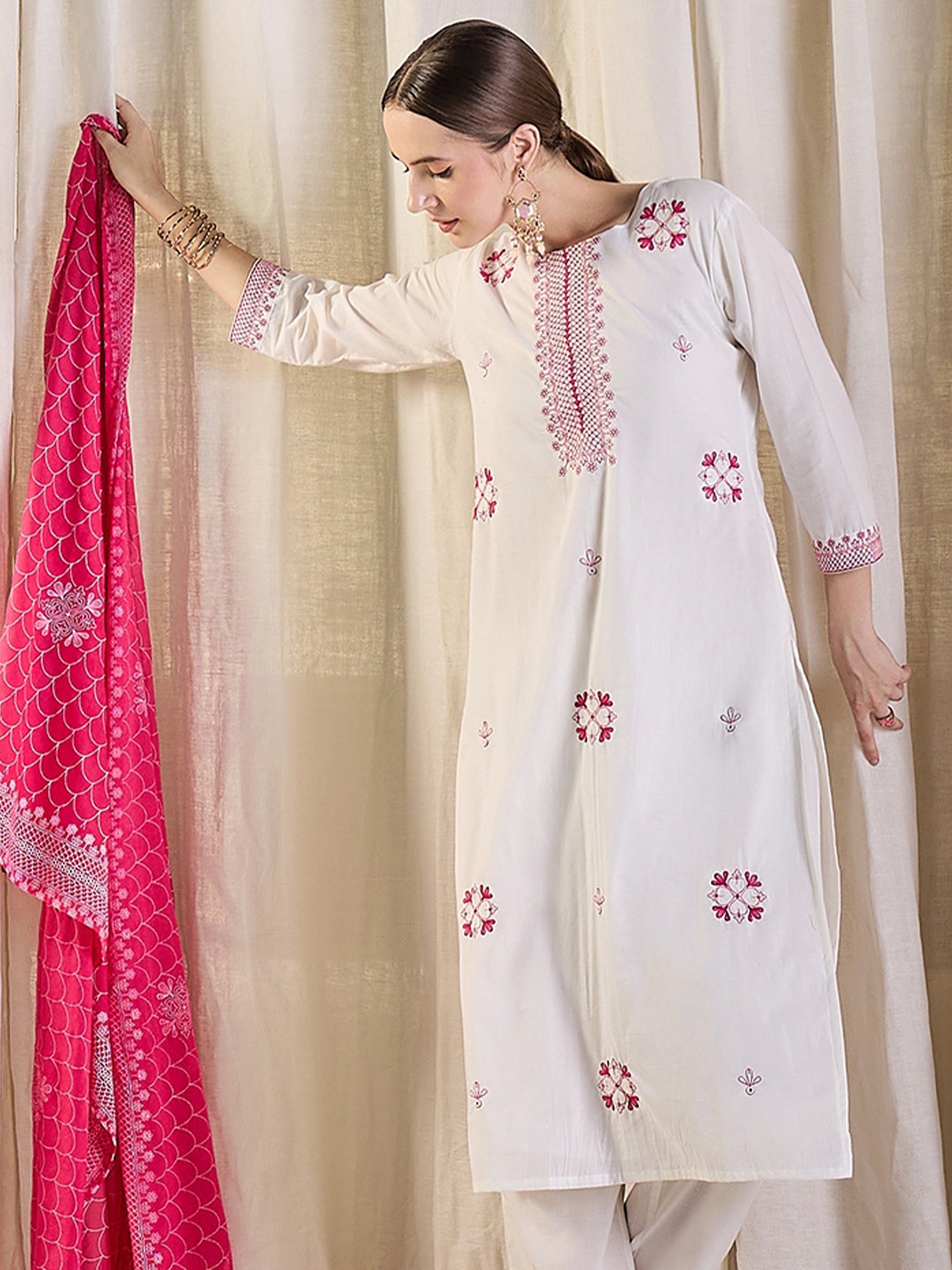 White Embroidered Straight Kurta Trousers With Dupatta Set