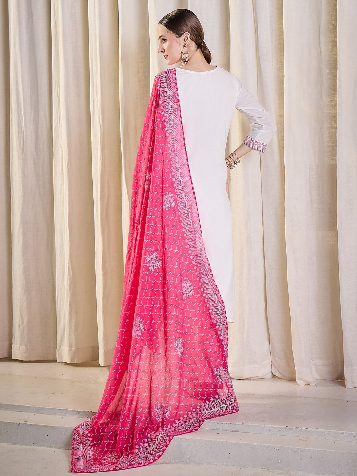 White Embroidered Straight Kurta Trousers With Dupatta Set